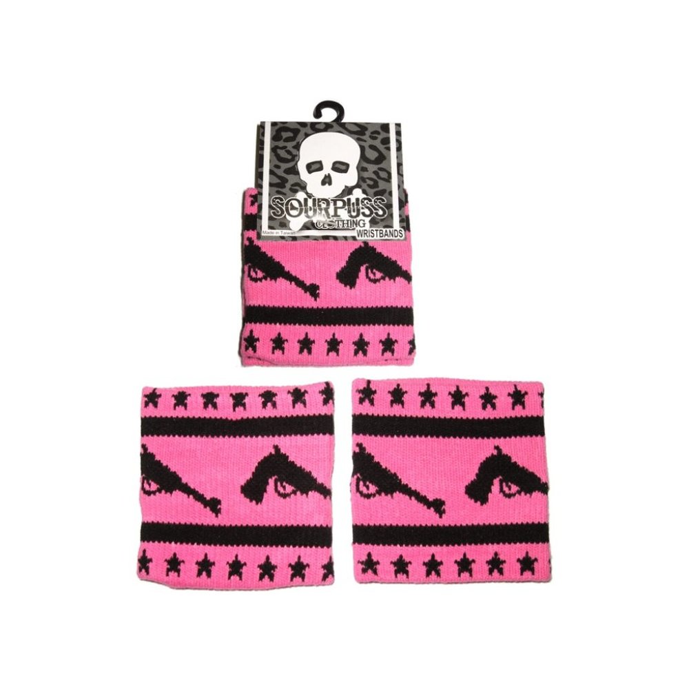 Wristbands - Black Pistols & Stars On Hot Pink Guns Punk Rock Rockabilly Cowgirl